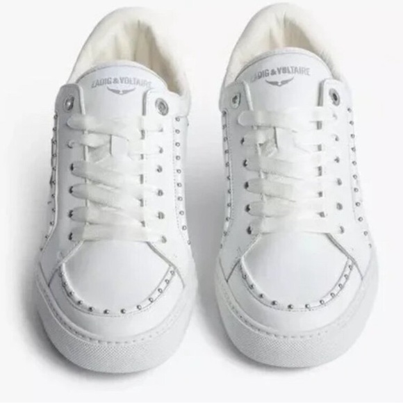 NEW Zadig & Voltaire Low White Calfskin Sneakers Lightning Bolt W/ Studs 8.5 - Picture 1 of 3